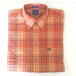 Faconnable Mens Peach Plaid Button Front Long Sleeve Shirt Chest Pocket XL New